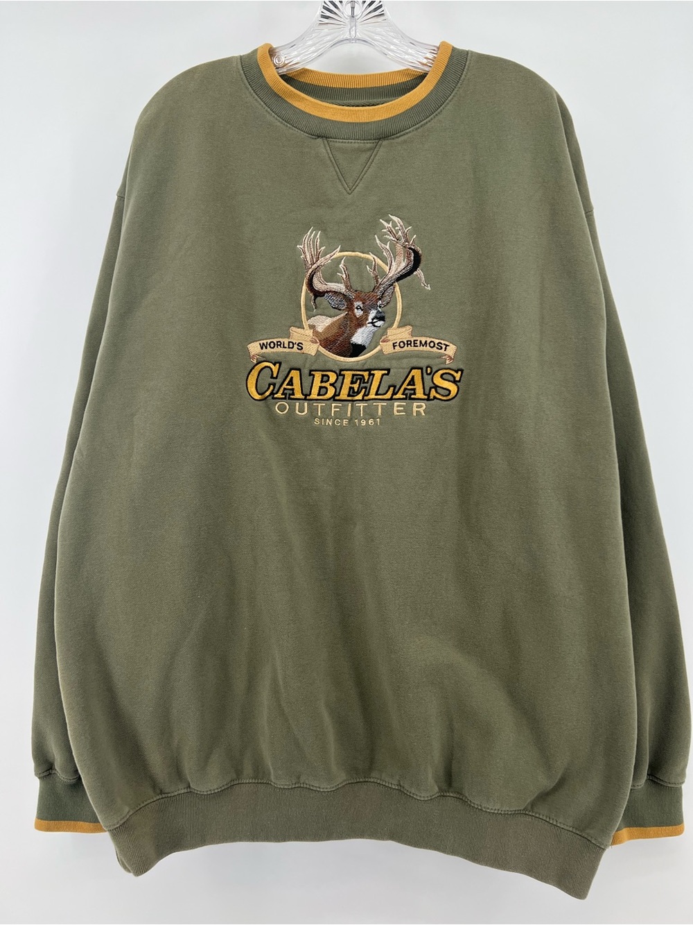 Vintage Cabelas Sweatshirt Mens XLT Embroidered Deer Field Duty Green Crewneck